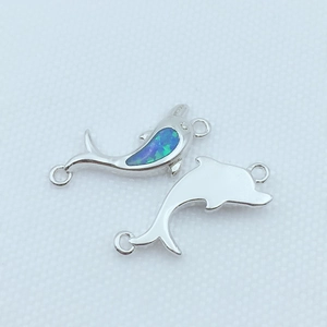 Silver dolphin connector for jewelry with blue opal inlay and double loops for DIY bracelets