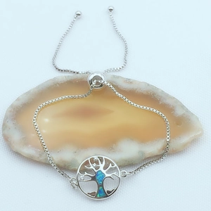 Verstellbares Silberarmband Lebensbaum mit blauem Opal und weißen Zirkonsteinen