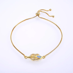 Adjustable gold box chain bracelet with opal leaf charm and micro-set cubic zirconia
