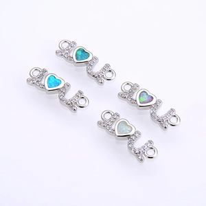 Silver I Love U jewelry connector with heart opal and white cubic zirconia for DIY