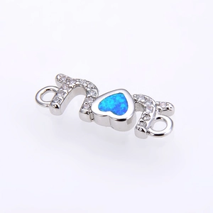 Blue opal heart MOM connector with micro-pave zircons for DIY jewelry making