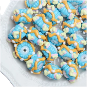 Perles DIY bleu ciel avec rayures oranges et points blancs pour création bijoux