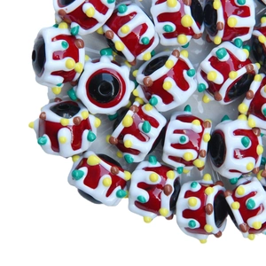 Ethnic style drum-shaped acrylic beads with red base and colorful wave patterns