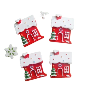 Set of four red and white resin Christmas mini house charms for DIY holiday decorations