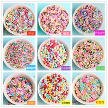 Macro detail of nine colorful DIY craft charms and clay slices for hair clips decoration