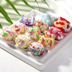 Set of 12 colorful resin rings with Happy and Love text in cream glue style