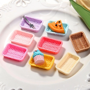 Colorful resin miniature food baskets with cakes and silver forks for dollhouse play