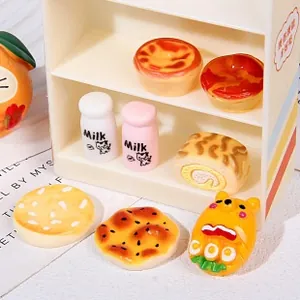 Miniature resin food toy set featuring milk bottles and pastries on a white display rack