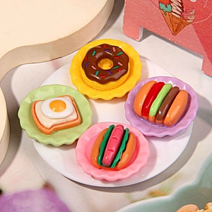 Miniature food set with resin donut hotdog and toast on colorful trays for DIY crafts