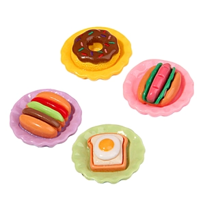 Miniature resin food models with hot dog, burger, and donut on colorful tiny plates