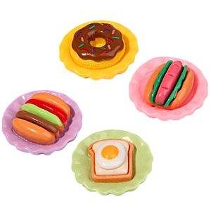 Miniature realistic food models set with donut, hot dog, burger and egg toast on trays