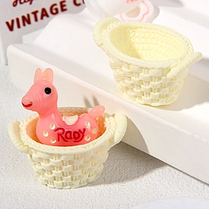Miniature resin picnic baskets with woven texture and a cute pink toy horse figurine