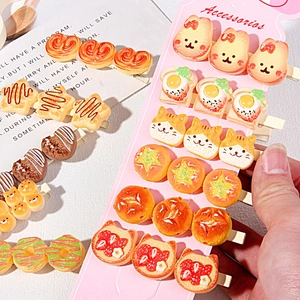 Cute resin food and animal hair clips set on pink display card for girls