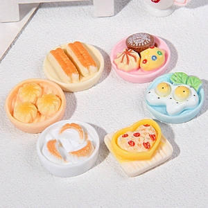 Miniature resin Chinese breakfast food models including steamed dumplings and eggs