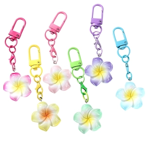 Set of 6 colorful resin Plumeria flower keychains with gradient petals and metal lobster clasps