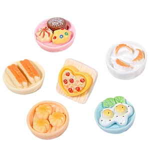 Miniature resin breakfast food models set with dim sum and heart-shaped pizza figures
