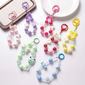 Sweet Acrylic Beaded Keychain Heart Flower Fruit Candy Bag Charm Phone Hanging Strap Decor For Women Girls Fashion Jewelry