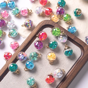 DIY glass ball charms with colorful heart sequins and gold metal rings for jewelry making