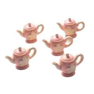 5-piece miniature pink resin teapot set with cream flower accents for dollhouse decor