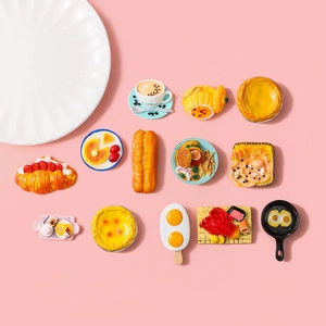 Realistic resin food fridge magnets set featuring coffee, croissants, and mini burgers