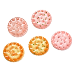 Set of 5 miniature resin biscuit charms in pink and tan with realistic biscuit textures