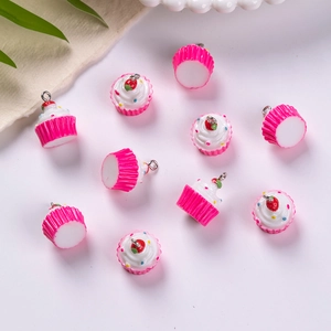 Simulation strawberry cupcake resin pendants with silver metal loops for DIY crafts