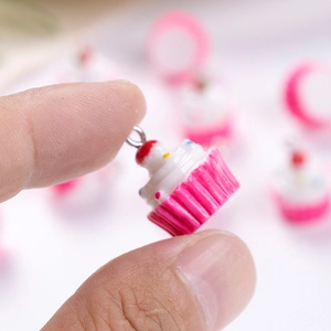 Miniature strawberry cupcake resin charm with silver metal ring for DIY jewelry making