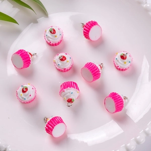 Mini resin strawberry cupcake charms with pink base and silver rings for DIY crafts