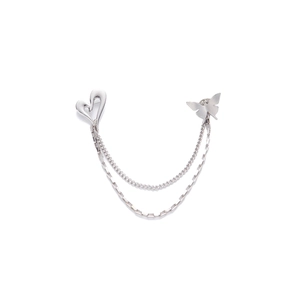 Broche argentée avec cœur évidé et chaîne à pampilles papillon pour vêtement femme
