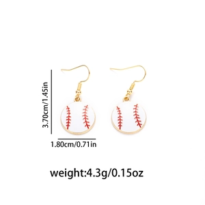 Detailed size specifications for baseball themed dangle earrings with red stitch pattern