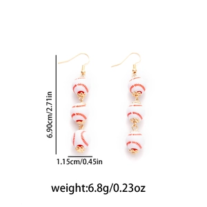 Detailed view of baseball bead earrings showing height 6.90cm and width 1.15cm measurements