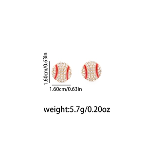 Macro view of baseball stud earrings with rhinestones and red enamel stitching details