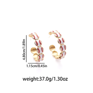 Detail view of baseball hoop earrings showing measurements 4.80cm diameter and red stitching