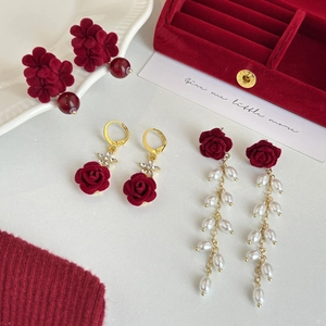 Vintage Rose Flower Tassel Earrings With 925 Sterling Silver Earring Post Red Artificial Pearl Rhinestone Drop Earrings For Women