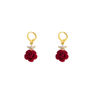 Elegant red velvet rose earrings with gold leverback hooks and sparkling crystals