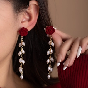 Elegant red velvet rose earrings with gold chain and white pearl tassels for women