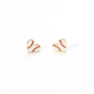 Fashionable heart-shaped baseball stud earrings with red stitching and gold plating