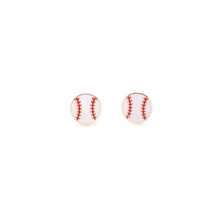 Close-up of baseball stud earrings featuring white enamel and red stitching details
