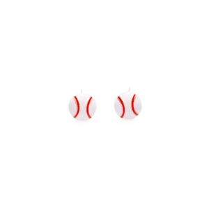 Close-up of baseball stud earrings with white enamel and red stitching details