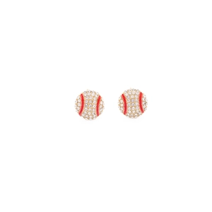 Detail of baseball stud earrings with white rhinestones and red enamel stitching
