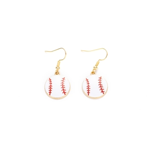 Detailed view of baseball themed earrings with white base and red stitching patterns