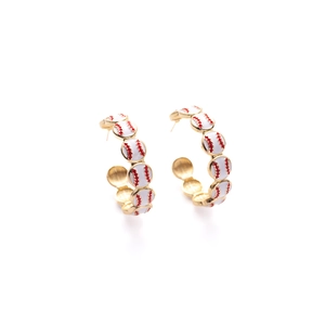 Detailed close-up of baseball themed hoop earrings with classic red stitching details