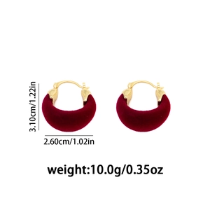 Detailed size chart for burgundy flocked U-shape earrings with gold alloy clasp