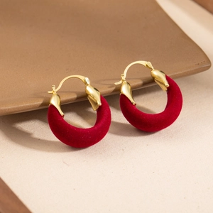 Elegant red flocked U-shaped hoop earrings with gold metal accents for women