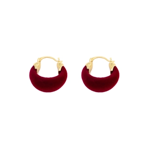 Elegant red flocked U-shaped hoop earrings with gold metal clasp for a vintage look