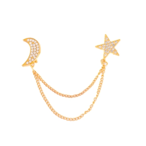 Elegante spilla dorata a luna e stella con strass scintillanti e catene pendenti
