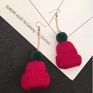 Pink knitted Christmas hat drop earrings with green pom-pom and gold metal hooks