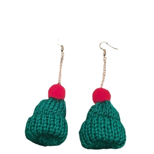 Christmas green knit hat dangle earrings with red pom-poms and gold metal chains