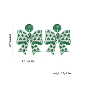 Detailed size and weight view of shamrock bow acrylic earrings for St. Patrick's Day