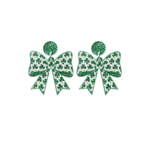 Green shamrock bow acrylic drop earrings for St. Patrick's Day celebration